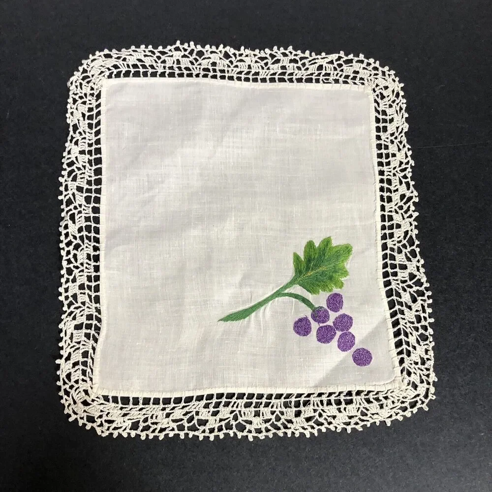 Vintage Small Table Topper Linens Square Purple Grapes Red Flowers Crochet Edge